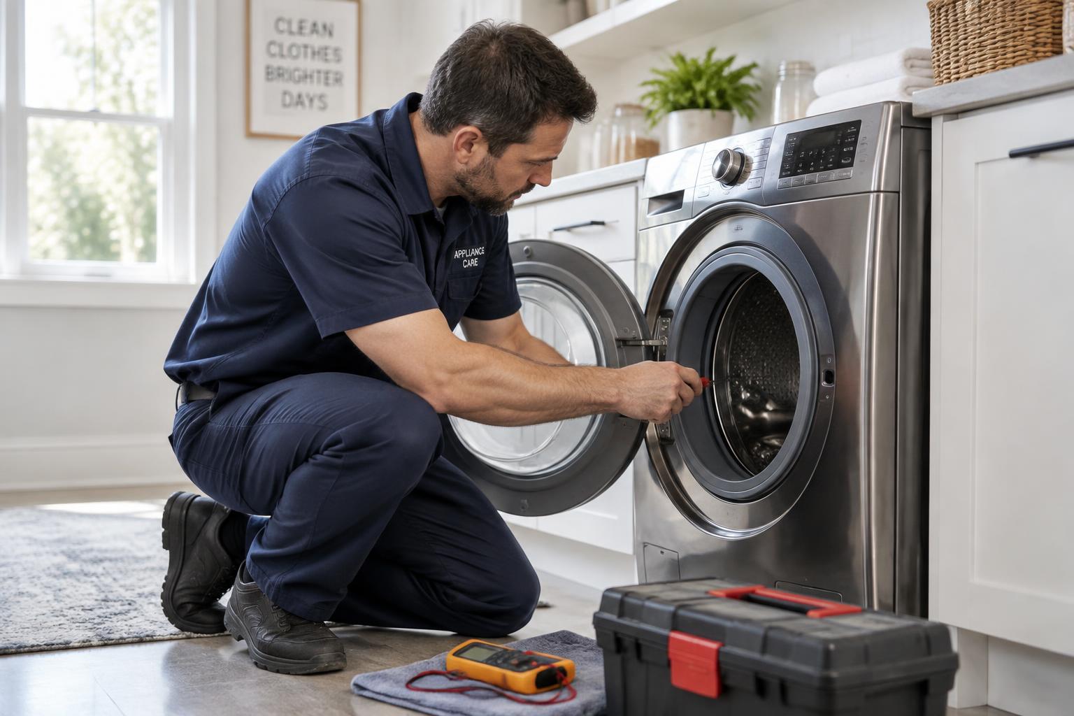 Appliance repair technician kneeling in front of an open washing machine in a bright laundry room