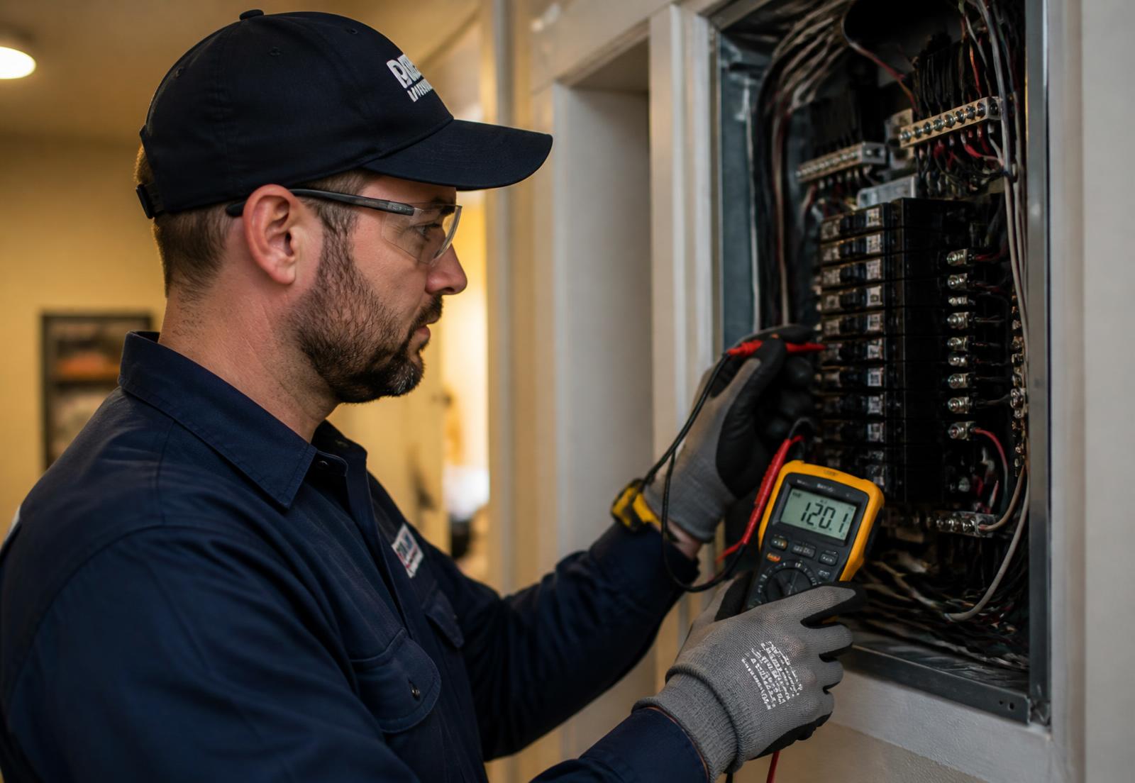 Electrician testing circuits inside an open residential electrical panel with a multimeter