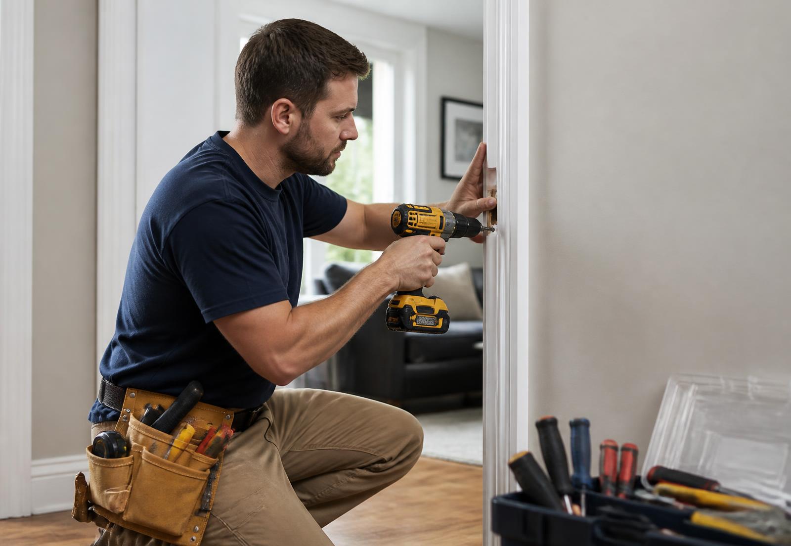 Handyman with a tool belt repairing a door frame inside a bright home