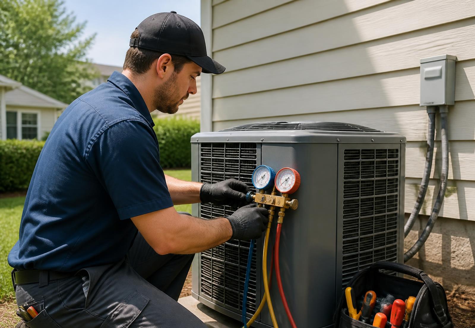 HVAC technician attaching gauges to an outdoor air conditioning condenser beside a house