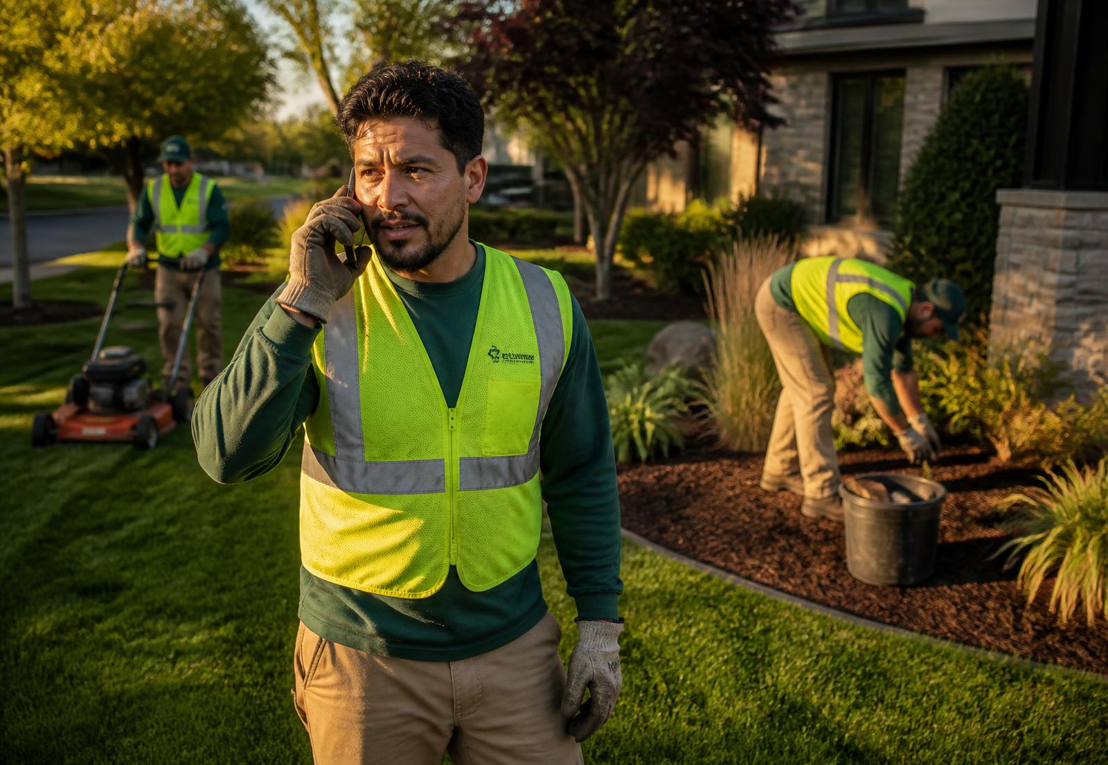 Landscaping crew mowing a lawn and refreshing a mulched garden bed at a suburban home