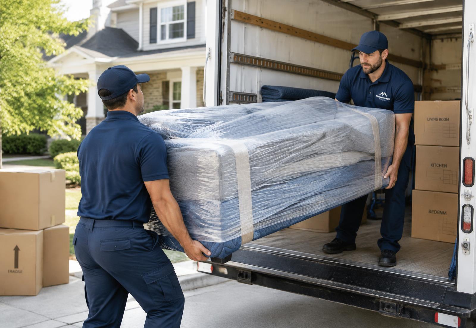 Two movers in navy uniforms carrying a wrapped sofa into a moving truck outside a suburban home