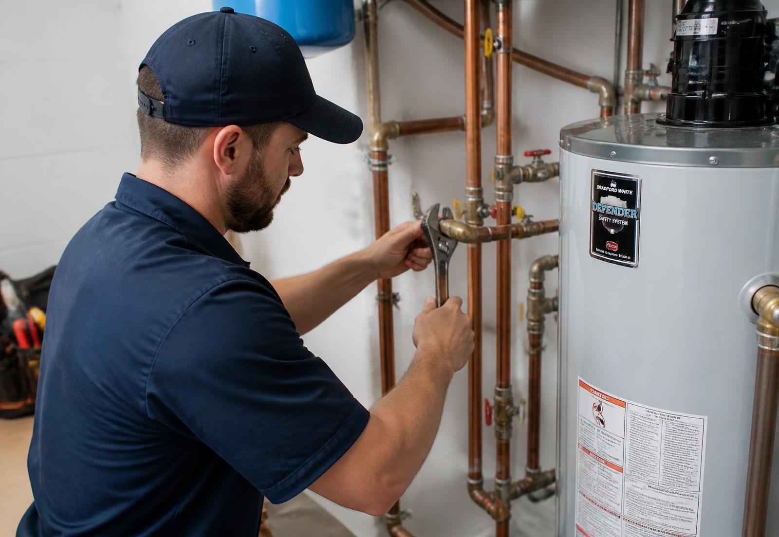 Plumber tightening a fitting on copper pipework beside a residential water heater